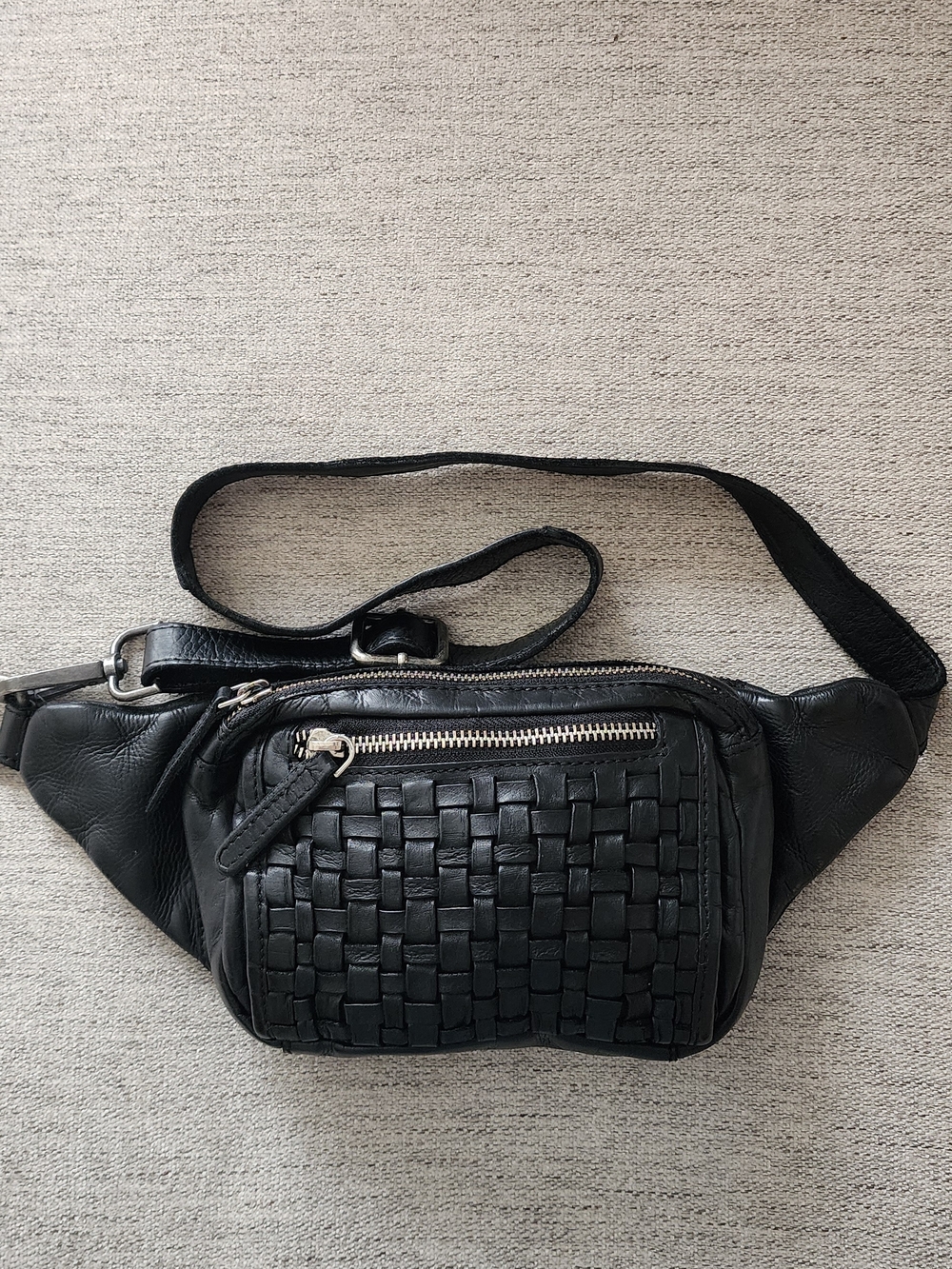 Black Woven Leather Crossbody Belt Bag